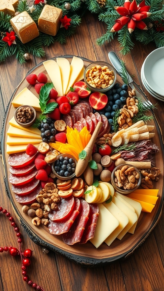 A festive charcuterie board with meats, cheeses, fruits, and nuts for Christmas.